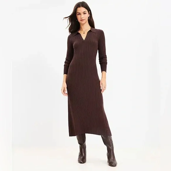 LOFT Chocolate Brown Ribbed Collared Polo Long Sleeve Knit Midi Dress M Medium - Picture 1 of 10